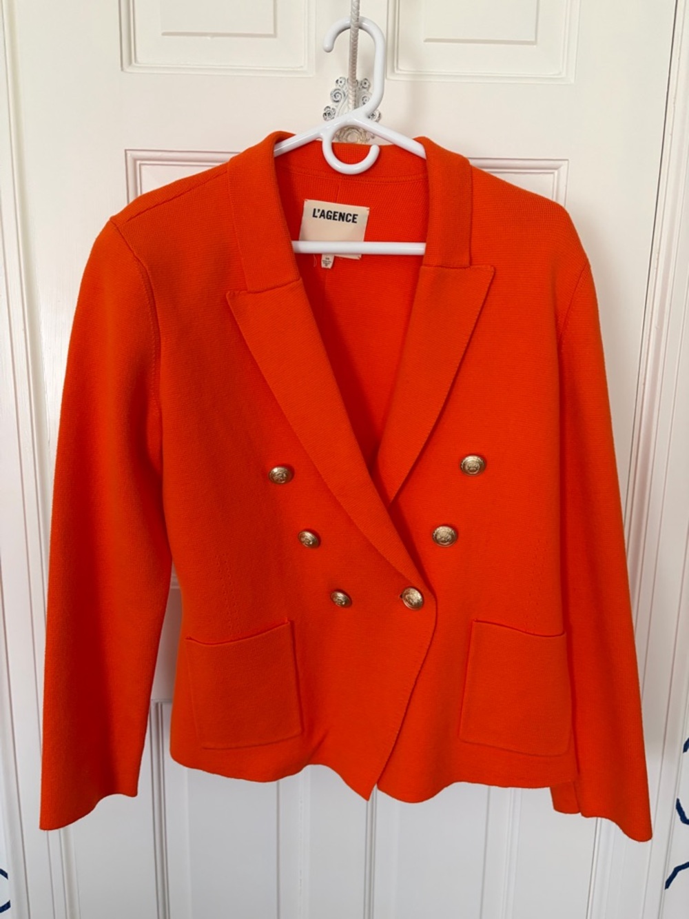 L'AGENCE Double-Breasted Orange Blazer with Gold Buttons